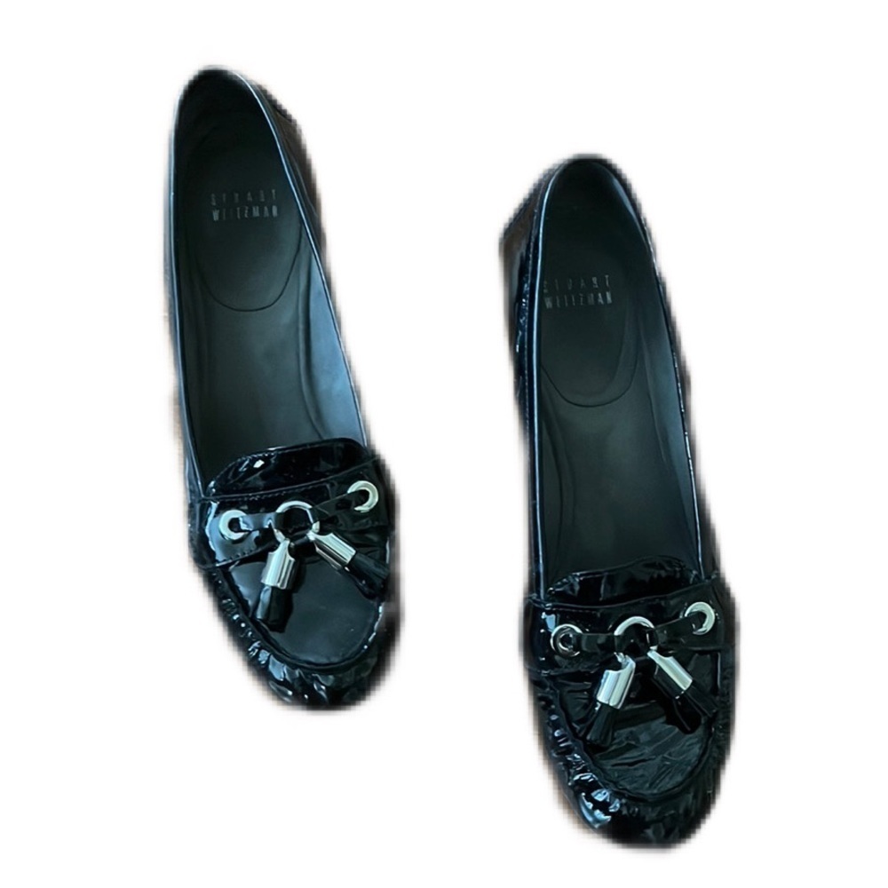 Stuart Weitzman Kitten Heels Black Tassel Patent Slip on Pumps Shoes
